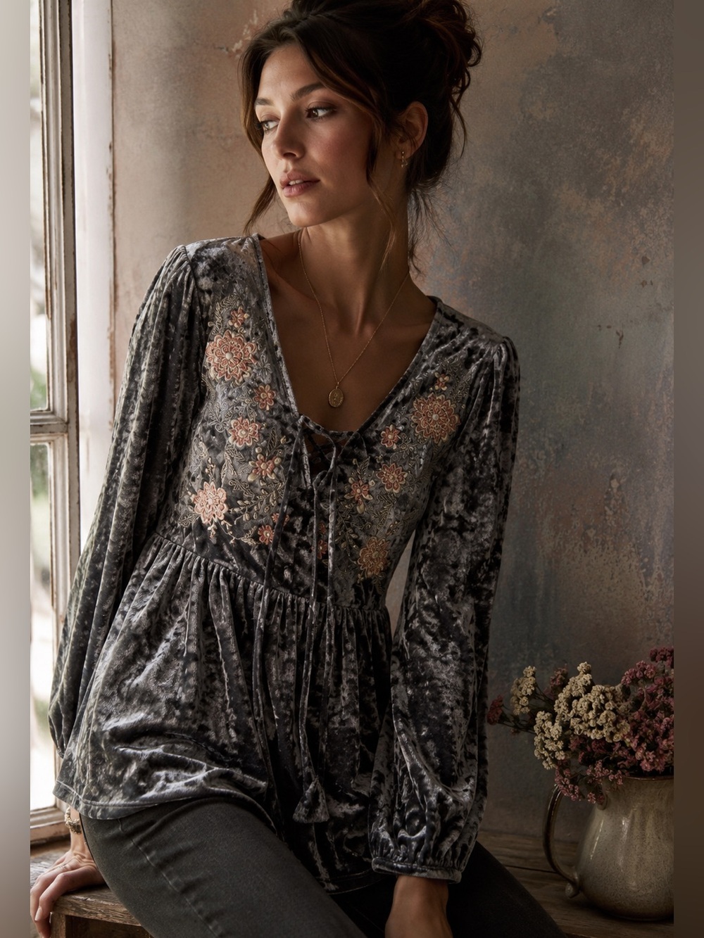 Whimsigoth Grey Crushed Velvet Embroidered Peplum Top M